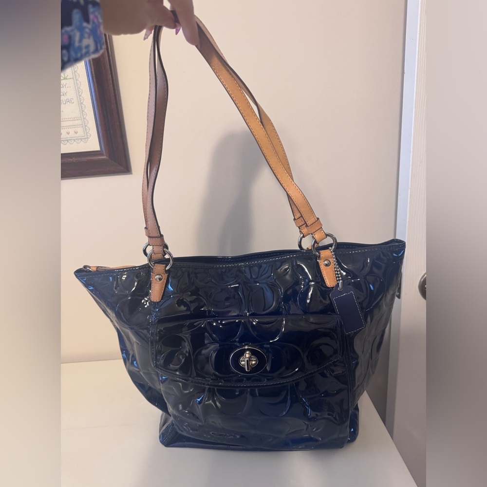 COACH Signature Leah Embossed Patent Leather Shoulder Tote